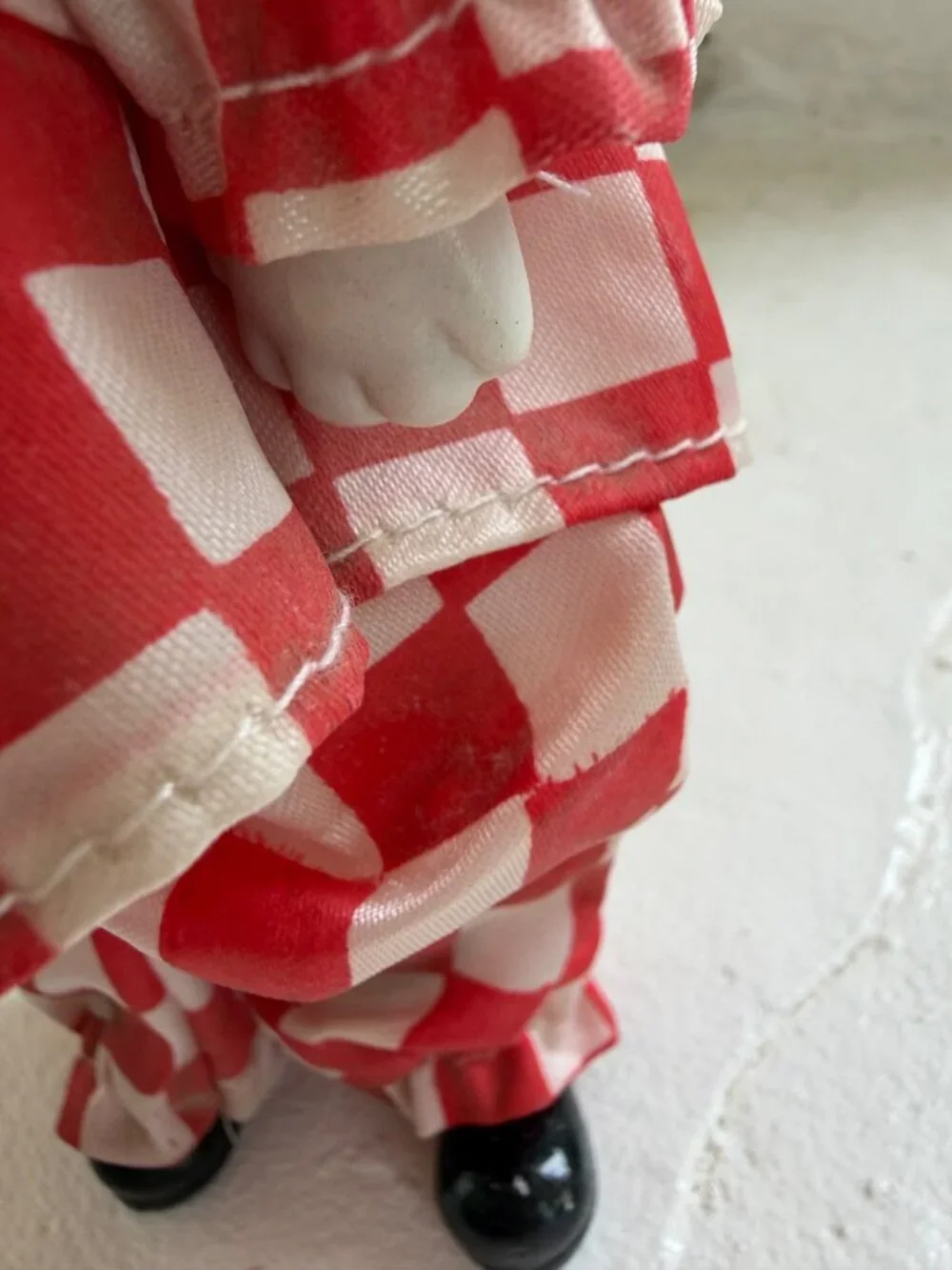 Vintage Red & White Harlequin Checkeredboard Clown Doll Yarn Hair Figurine - Picture 11 of 14